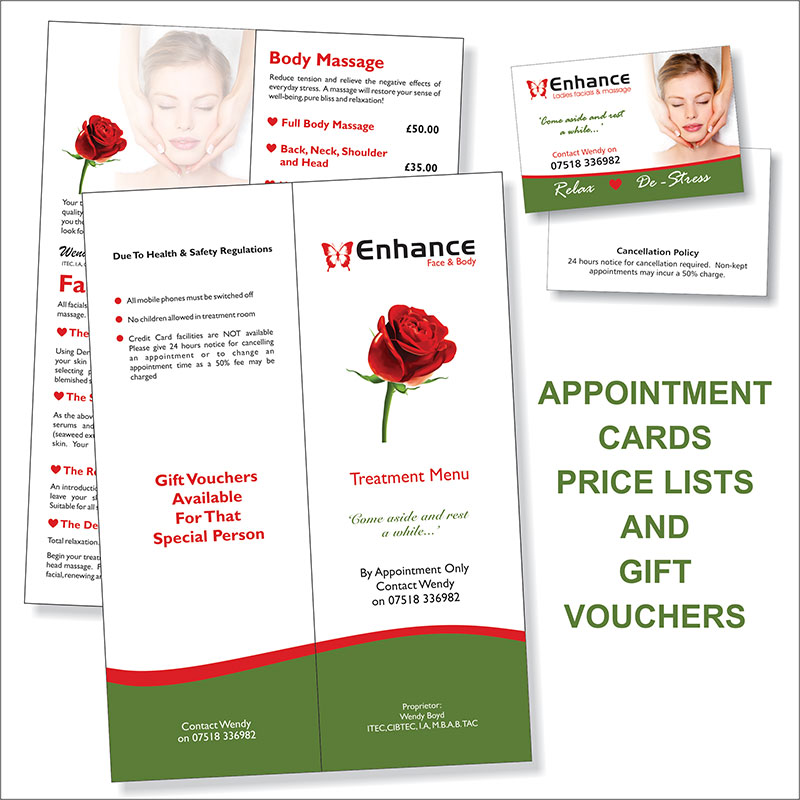 Price list menu, appointment cards & gift vouchers for Enhance Face & Body